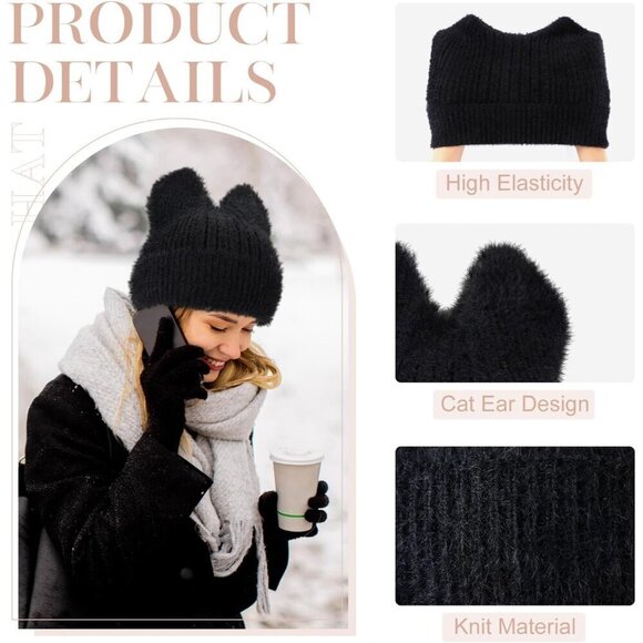 3 Pcs Winter Knit Cat Ear Beanie Hats Women Men Warm Casual Accessories main image 4